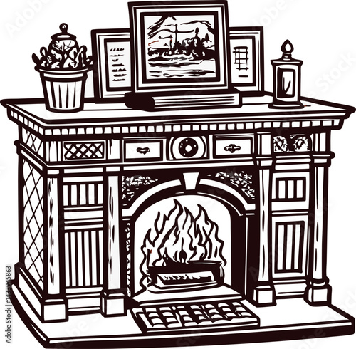 Ornate vintage fireplace with artwork and decorations on mantelpiece in classic setting