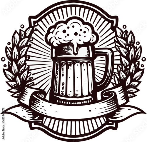 Vintage beer mug with foam and decorative laurel wreath emblem