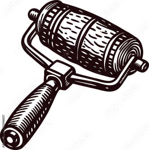 Vintage printmaking roller with wooden handle and textured surface design