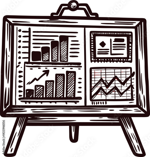 Hand drawn wooden easel with graphs and charts displaying fluctuating market trends