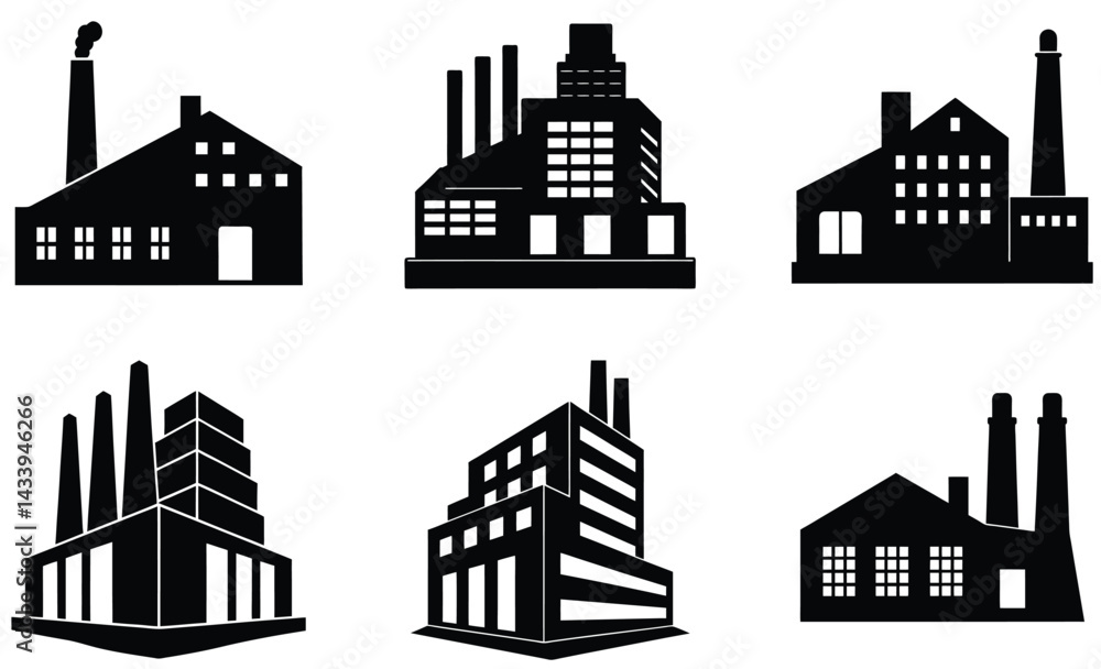 Fototapeta premium Factory Silhouette Vector Collection: Industrial, Manufacturing Icons