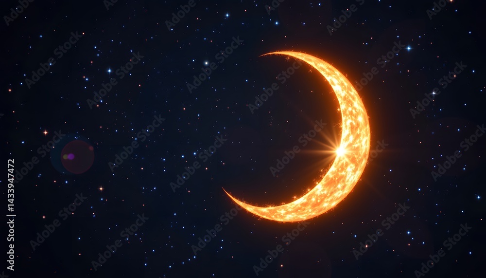 Celestial Crescent's Glow: A radiant crescent moon shines brilliantly against a canvas of twinkling stars, captivating the observer with its cosmic beauty. Celestial Crescent's Glow: A radiant crescent moon shines brilliantly against a canvas of twinkling stars, captivating the observer with its cosmic beauty.
