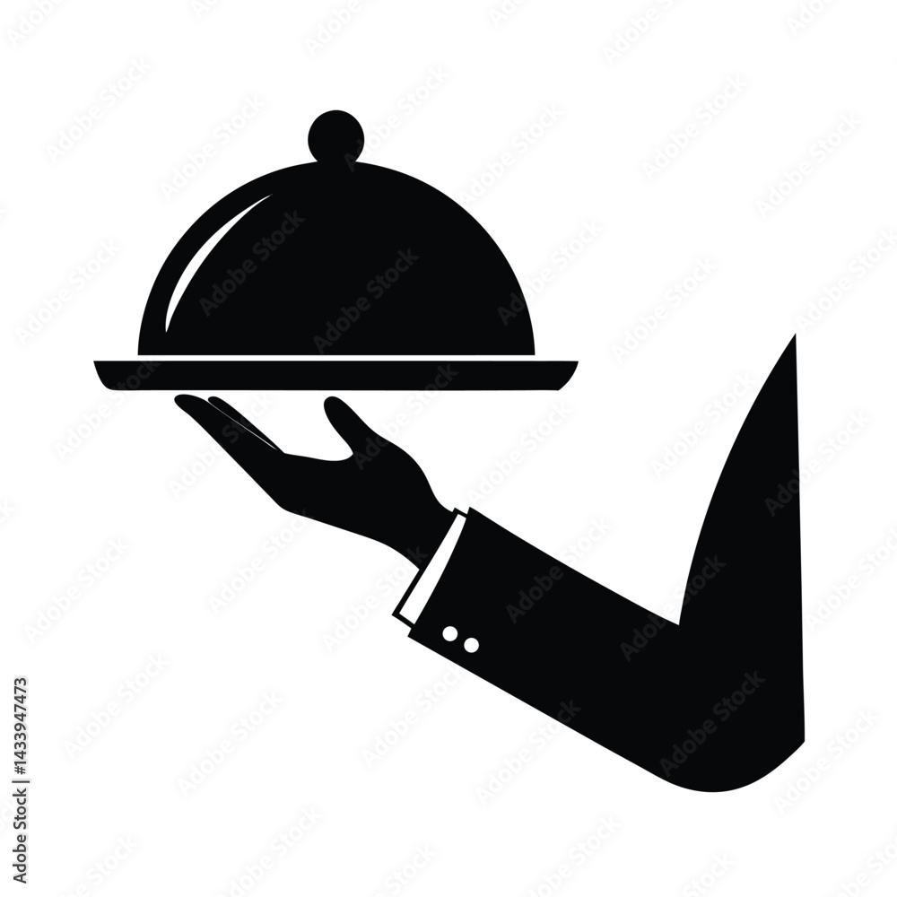 Fototapeta premium Waiter Hand with Tray Silhouette Vector Icon