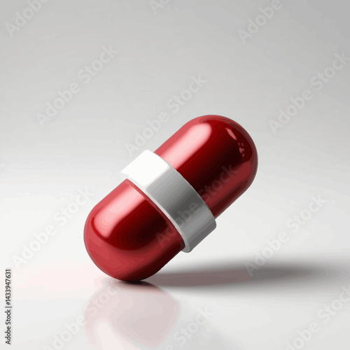 Glossy Red Capsule with White Band on a Reflective Surface