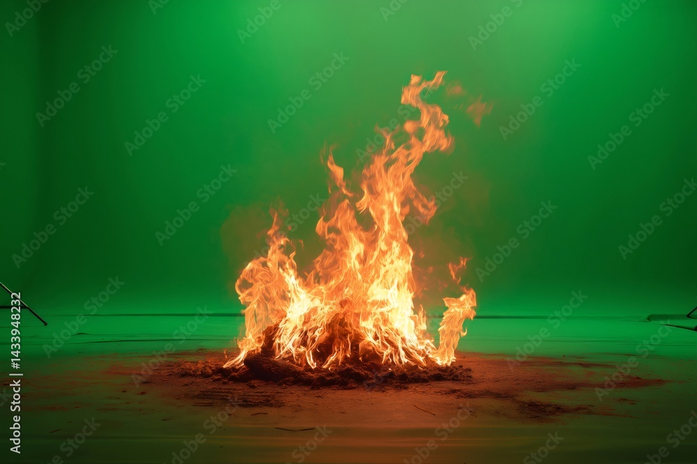 Bonfire burning intensely with bright flames on green screen background, perfect for visual effects and compositing