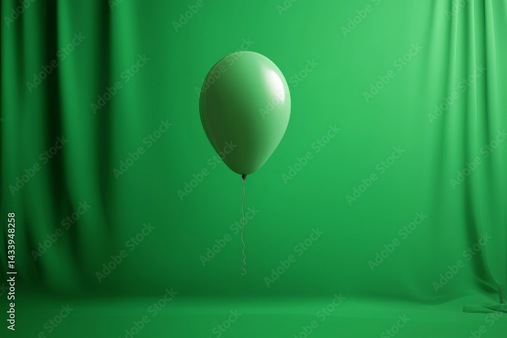 Minimalist image of a green balloon floating in a green studio with green curtains, perfect for chroma keying