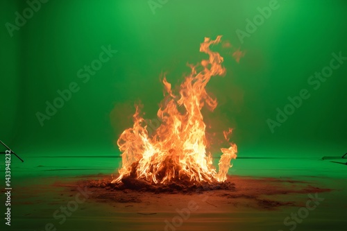 Obraz na płótnie Bonfire burning intensely with bright flames on green screen background, perfect for visual effects and compositing w salonie