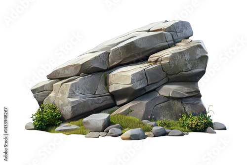 Grey rock formation with green plants and grass detailed texture 3d game on transparent background