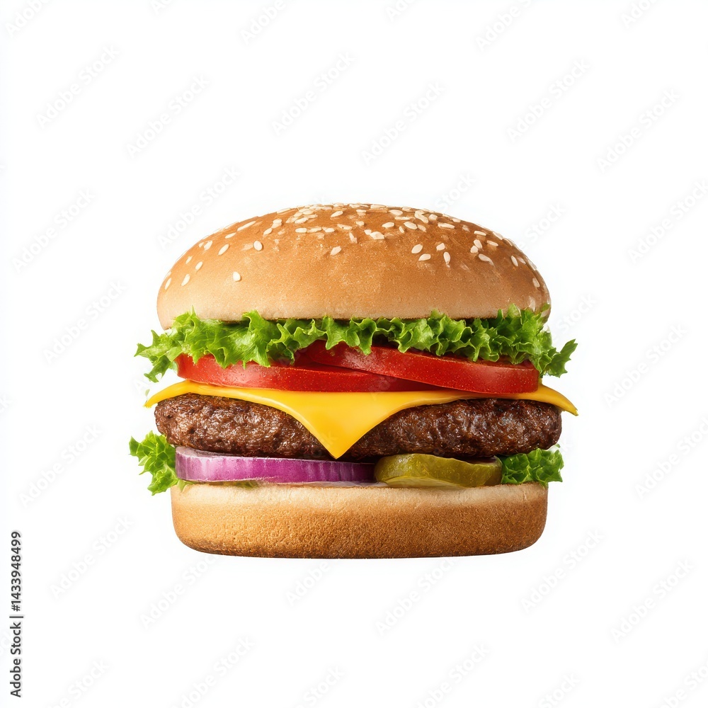 Classic cheeseburger with toppings on white background Classic cheeseburger with toppings on white background