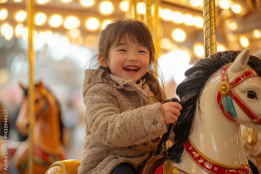 Cheerful child enjoying a ride on a carousel horse, illuminated by bright lights, at a lively amusement park Cheerful child enjoying a ride on a carousel horse, illuminated by bright lights, at a lively amusement park