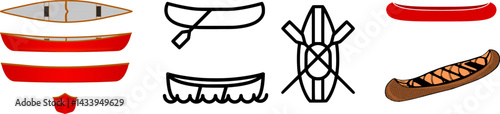 Transparent vector set of canoes and paddles in outline style, featuring various canoe types and oars for camping, kayaking, water sports, and outdoor adventure design themes.