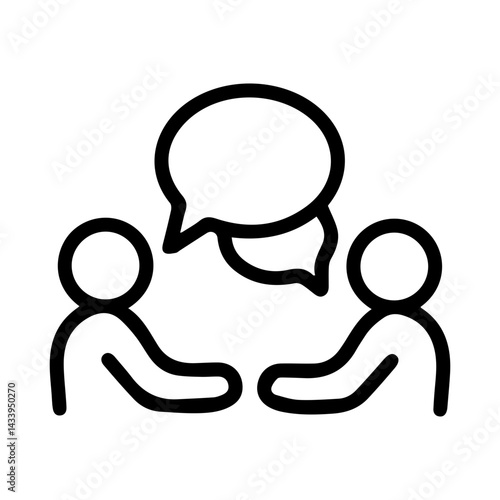 Two minimalist figures facing each other with a speech bubble overhead. Symbolizing dialogue, discussion, interpersonal communication, and social interaction between two people. Black and white