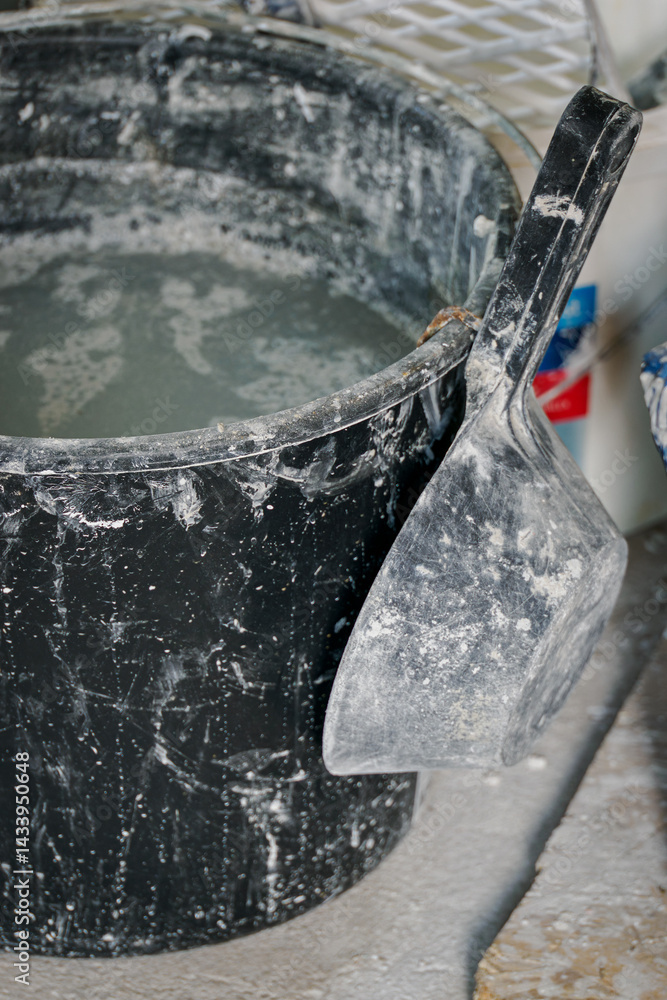 A plastic fangle hanging from a bucket of water.