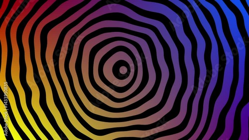 background animation slow motion gradient radiating zooming out distorted deformed circles rings from center to border, hypnotic spiral, psychedelic abstract radio wave. and optical illusion