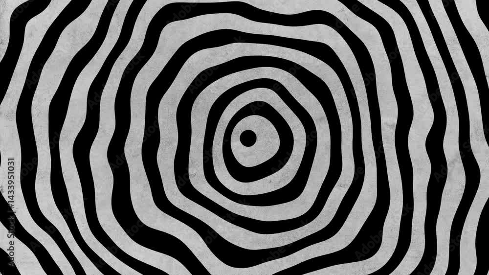 background animation slow motion concentric radiating zooming out distorted deformed circles rings from center to border, hypnotic spiral, psychedelic abstract radio wave. and optical illusion