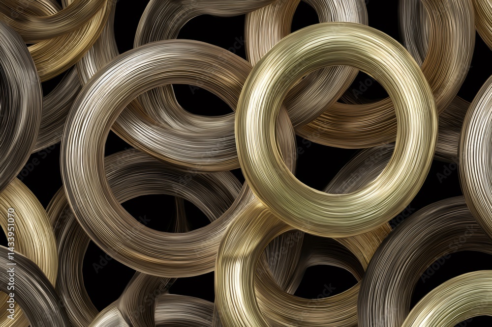 Metallic rings interlock and rotate, forming a hypnotic pattern against a dark background, creating a captivating visual with metallic textures