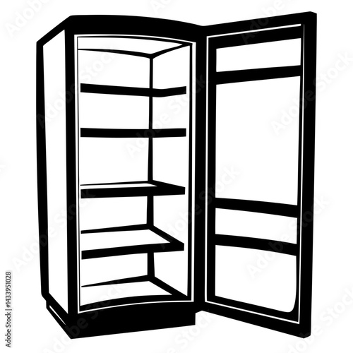 Stylized Black and White Illustration of an Open Empty Refrigerator Cabinet