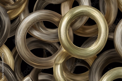 Obraz na płótnie Metallic rings interlock and rotate, forming a hypnotic pattern against a dark background, creating a captivating visual with metallic textures w salonie