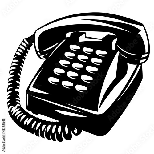 Retro black and white illustration of an oldfashioned pushbutton telephone