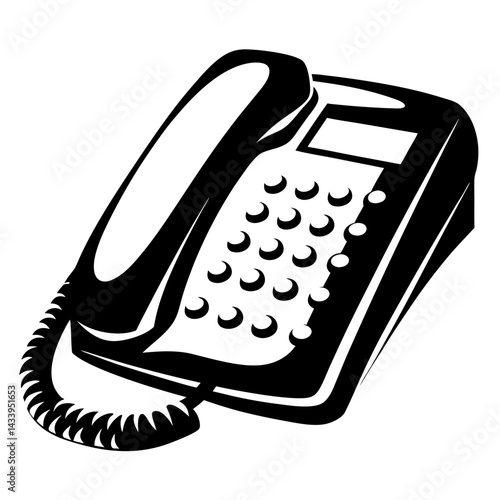 Monochrome office telephone vector graphic with keypad and handset with cord