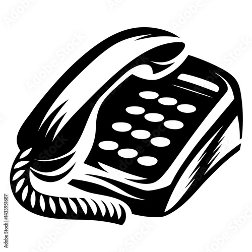 Black and White Illustration of a Vintage Push Button Landline Telephone