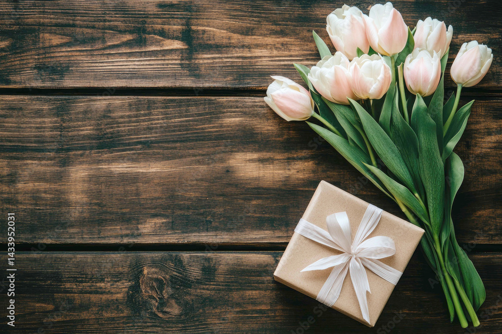 Charming tulips and present box on pastel plank backdrop Charming tulips and present box on pastel plank backdrop