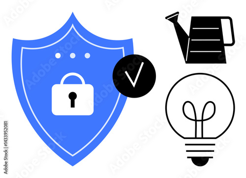Blue shield with a lock, black checkmark, watering can, and lightbulb symbolize security, nurturing growth, and creativity. Ideal for protection, safety, innovation growth responsibility idea