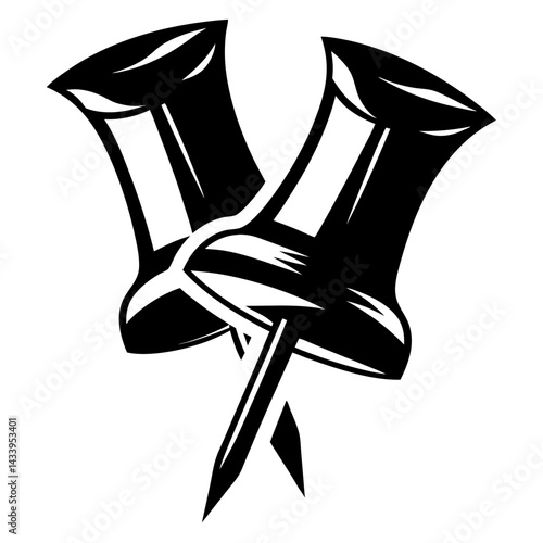 Stylized Black and White Drawing of Two Overlapping Push Pins or Tacks