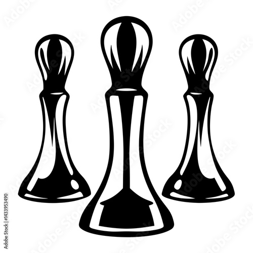 Three silhouetted chess pawns stand together on a white background, graphic art