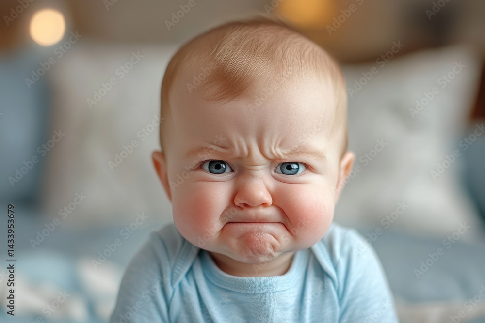 Adorable baby frowning and making a funny face, showing grumpiness and discontent Adorable baby frowning and making a funny face, showing grumpiness and discontent