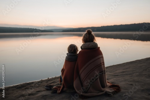 Obraz na płótnie Mother and her daughter are enjoying a peaceful sunrise over a tranquil lake, wrapped together in a warm blanket on a sandy shore w salonie