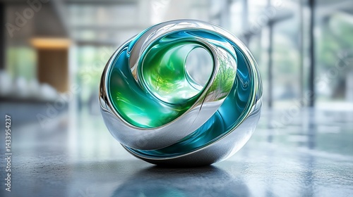 Abstract metallic sphere, teal and chrome, modern office background, design concept