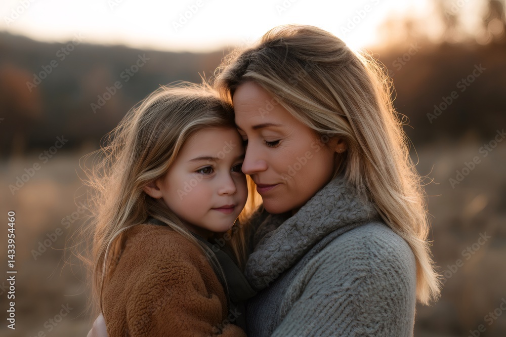 Mother and daughter sharing a tender moment, embracing in the warm glow of the setting sun in a peaceful field