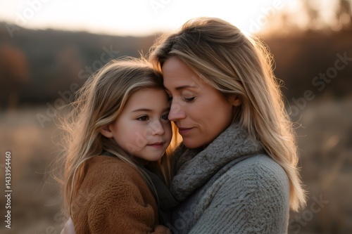 Obraz na płótnie Mother and daughter sharing a tender moment, embracing in the warm glow of the setting sun in a peaceful field w salonie