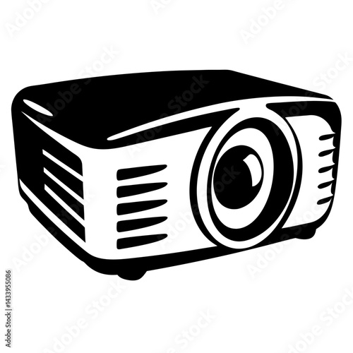 Monochrome illustration of a modern projector with cooling vents and lens