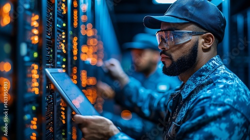 Wallpaper Mural Technician inspects server room data, colleague assists Torontodigital.ca