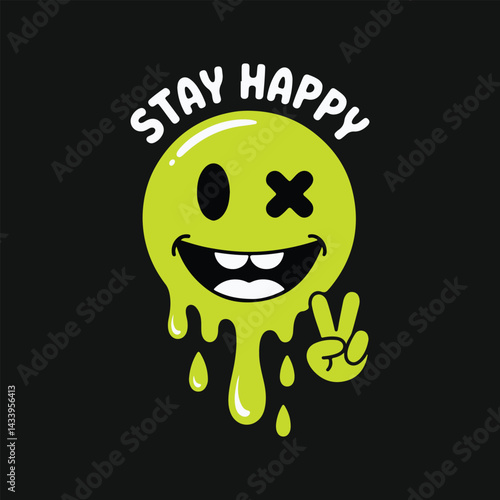 Melting Smiley Face Stay Happy Drip Emoji Vector | Trendy Streetwear Graphic Design | Peace Hand Sign Illustration for T-Shirts, Stickers, Posters