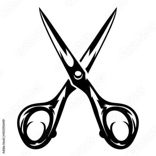 Black and white stylized image of barber scissors in open position
