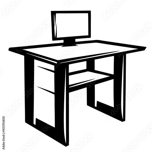 Black and white computer desk illustration with shelf and monitor displayed