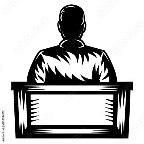 A stylized illustration of a person standing behind a podium or desk