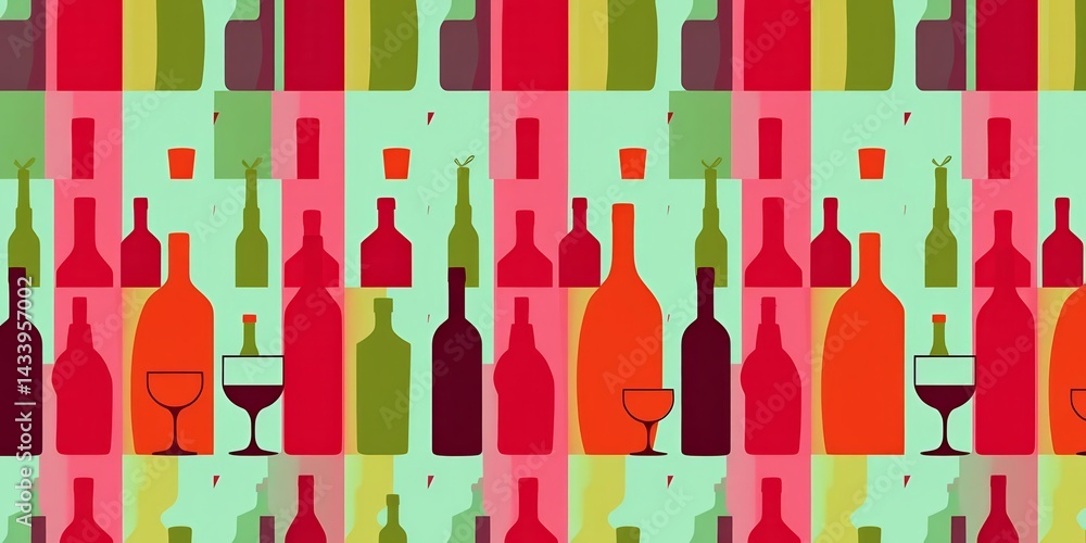 Abstract minimalist seamless pattern featuring silhouettes of bottles and glasses , minimalist, vector Abstract minimalist seamless pattern featuring silhouettes of bottles and glasses , minimalist, vector
