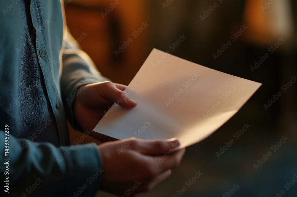 Close up of woman's hands holding a blank sheet of paper in a warmly lit interior, creating a sense of anticipation and possibility