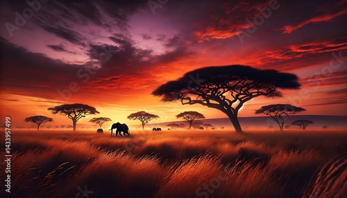 Expansive savannah with acacia trees silhouetted against a vibrant sunset sky and a herd of elephants roaming in the distance. Generative AI