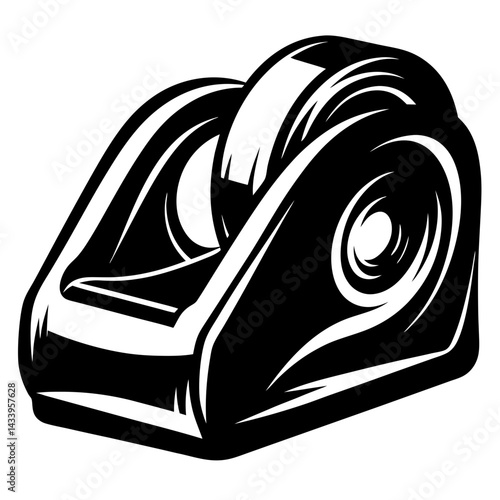 A striking black and white graphic illustration of a tape dispenser