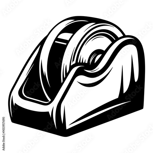 Monochromatic black and white illustration of a retro tape dispenser design