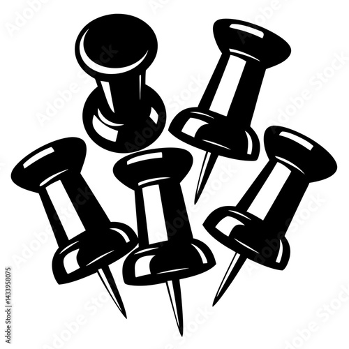 A collection of black and white push pins depicted in vector format