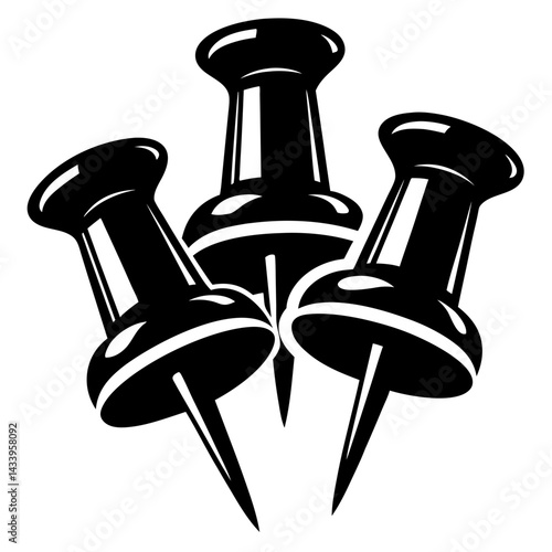 A trio of bold black push pins with a stylized design element