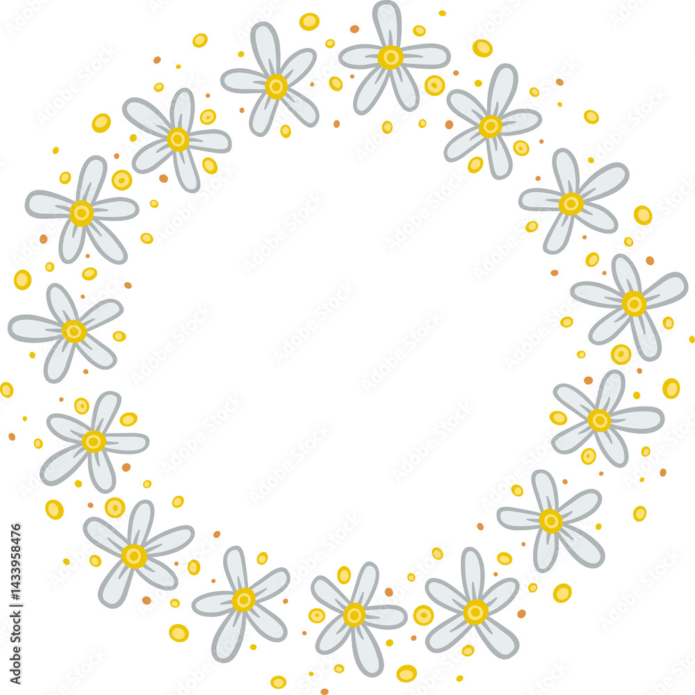 Circular border with white flowers. Illustration made with white flowers on a white background creating a circular border. Circular border with white flowers. Illustration made with white flowers on a white background creating a circular border.