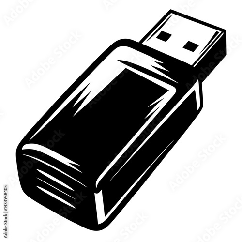 Monochrome illustration of a USB flash drive storage device from an angle