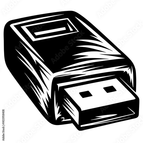 Graphic illustration of a USB drive in black and white style